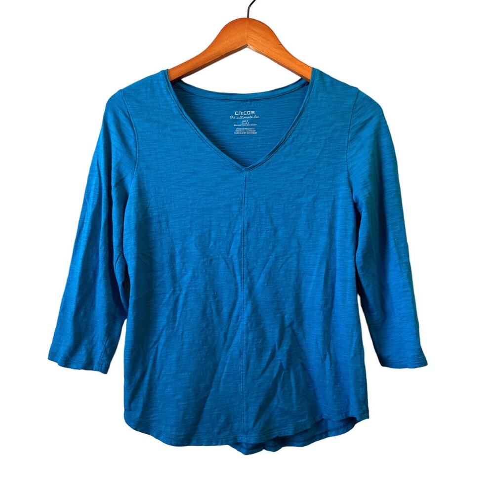 Chico's The Ultimate Tee Quarter Length Peacock Blue Top